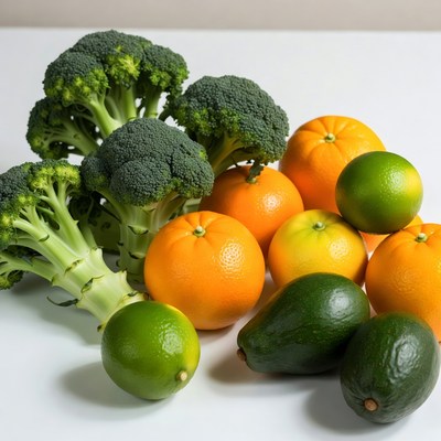 Broccoli Oranges Avocados Limes on Table