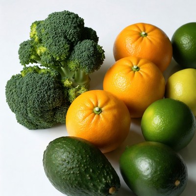 Broccoli Oranges Avocados Lemes Isolated