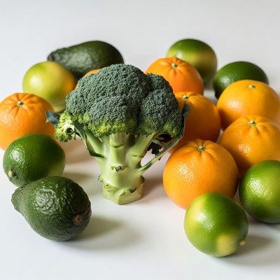 Broccoli surrounded by oranges avocados limes