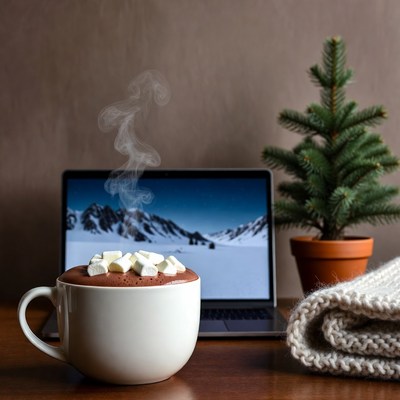 Hot Cocoa with Marshmallows by Laptop