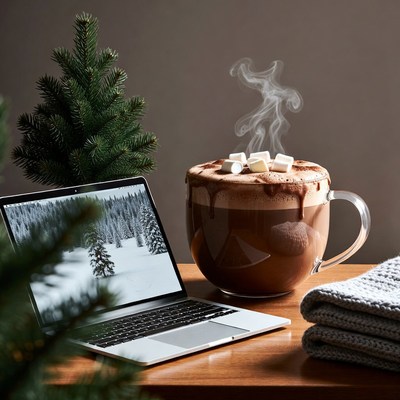 Hot Chocolate with Marshmallows and Laptop