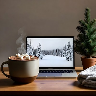 Hot Cocoa with Snowy Forest Laptop Screen