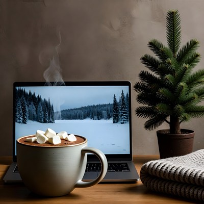 Hot Cocoa with Marshmallows and Snowy Laptop Screen