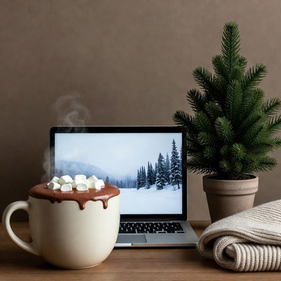 Hot Cocoa Mug with Snowy Laptop Screen