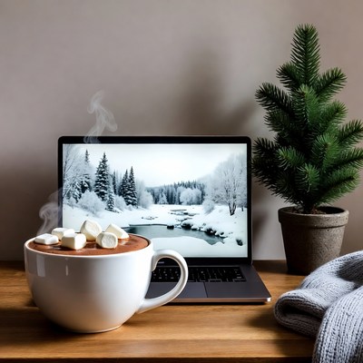 Hot Cocoa with Snowy Laptop Screen
