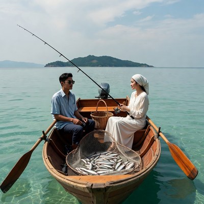 Asian couple fishing in wooden boat