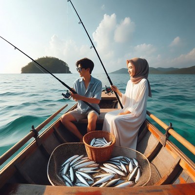 Asian couple fishing on boat with catch