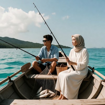Asian couple fishing from boat