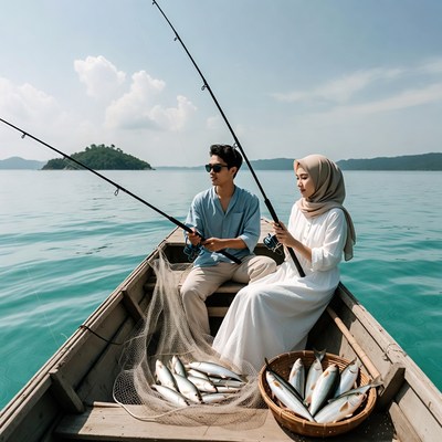 Asian couple fishing in boat with catch