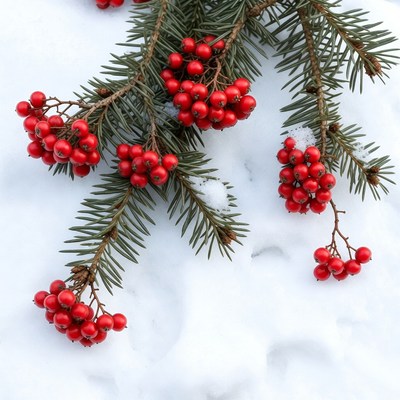 Red Berries on Snowy Fir Branches