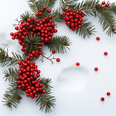 Red Berries and Fir Branches on Snow
