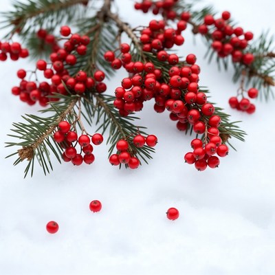 Red Berries on Fir Branch Snow