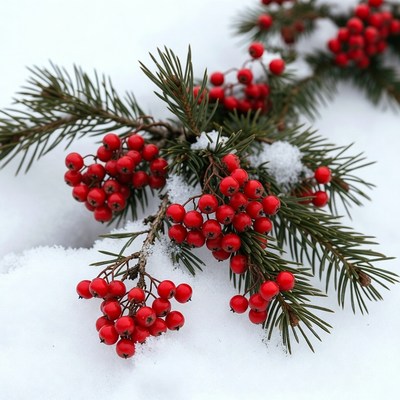 Red Berries on Snowy Fir Branches