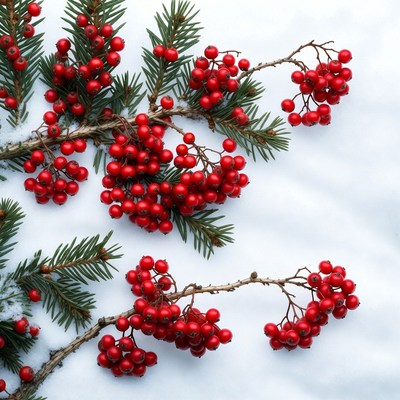 Red berries on fir branches with snow