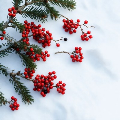 Red Berries and Fir Branches on Snow
