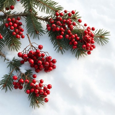 Red Berries on Fir Branches in Snow