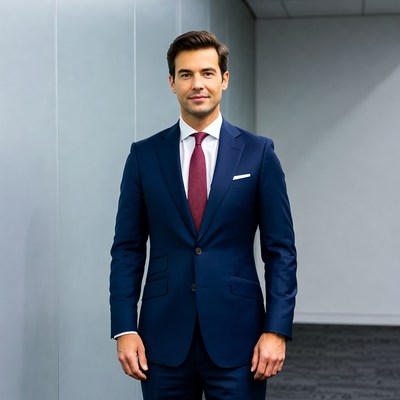 Man in navy suit with red tie