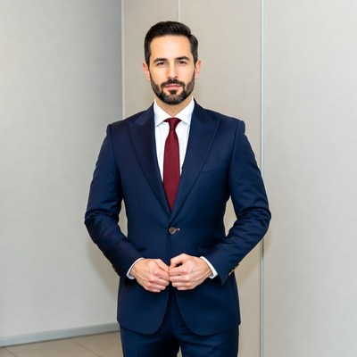 Man in navy suit with red tie