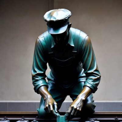 Bronze statue of worker repairing railroad tracks
