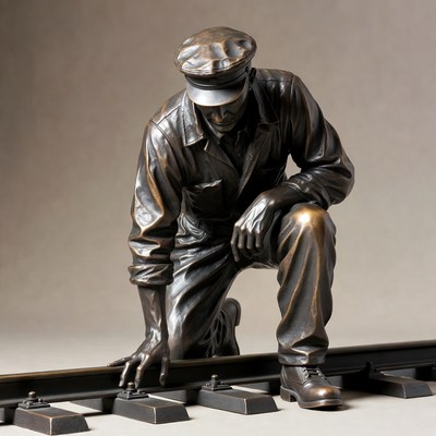 Bronze Sculptor Kneeling on Railroad Tracks
