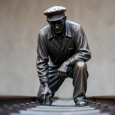 Bronze statue of worker repairing railroad tracks