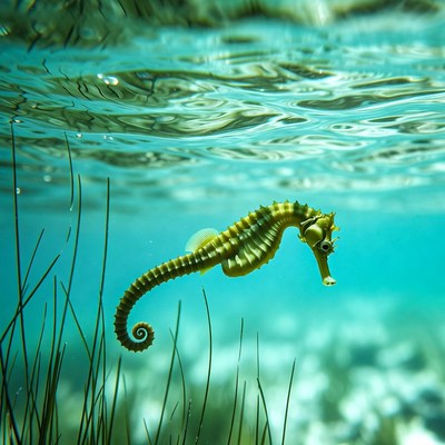 Seahorse in turquoise underwater seagrass