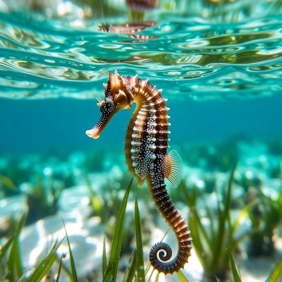 Seahorse in turquoise underwater seagrass