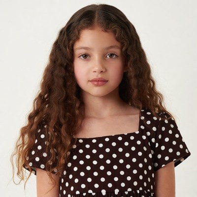 Girl with curly hair in polka dot dress