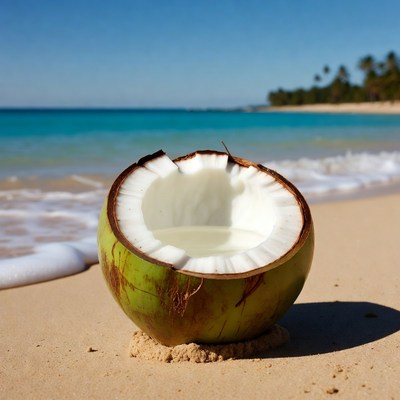 Open coconut on tropical beach