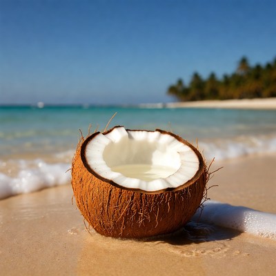 Split Coconut on Tropical Beach