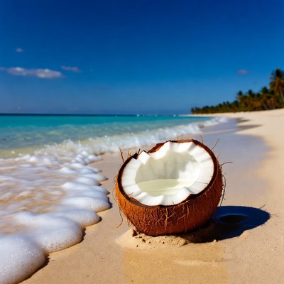 Split Coconut on Tropical Beach