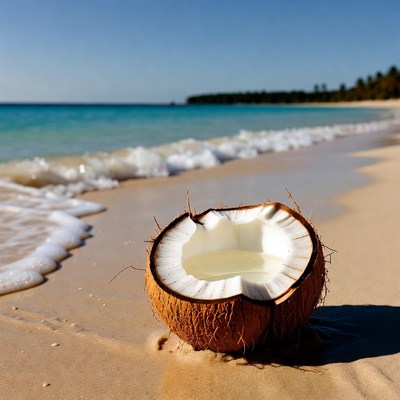 Split Coconut on Tropical Beach