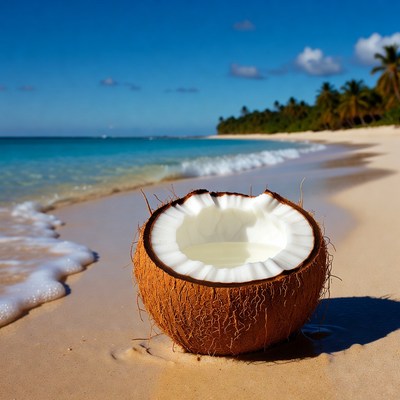Open Coconut on Tropical Beach