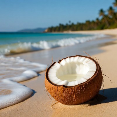 Split Coconut on Tropical Beach