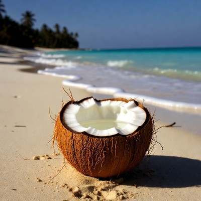 Split coconut on tropical beach