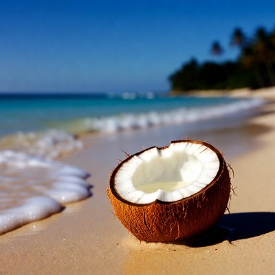 Open Coconut on Tropical Beach