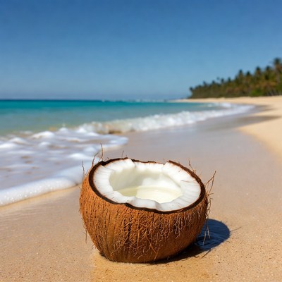 Split Coconut on Tropical Beach