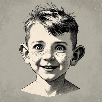 Wide-eyed boy with freckles smiling