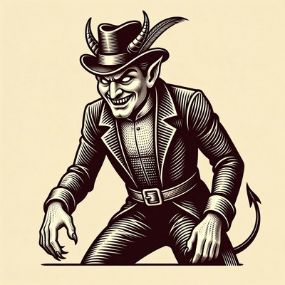 Grinning horned devil in top hat