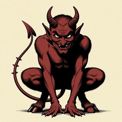 Red devil squatting with horns