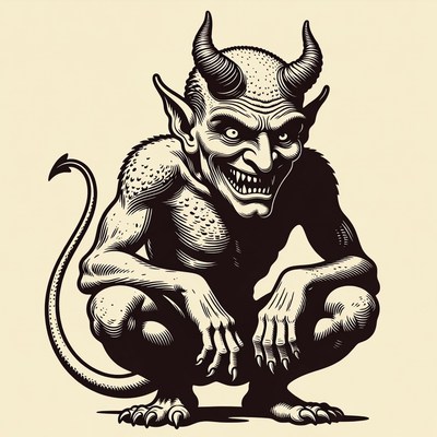Squatting Cartoon Devil Illustration