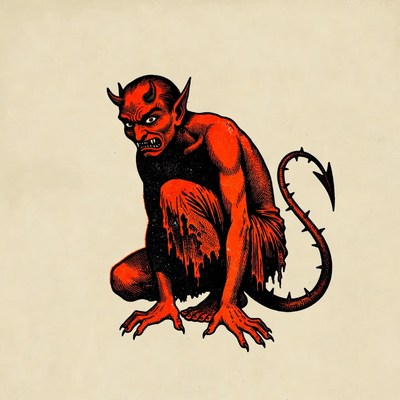 Red devil crouching with horns