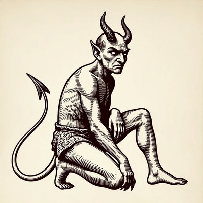 Squatting Horned Demon Illustration