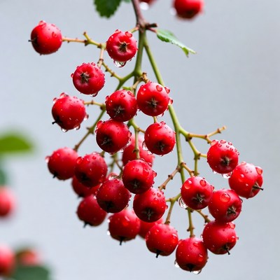 Red Berries with Dewdrops on Branch