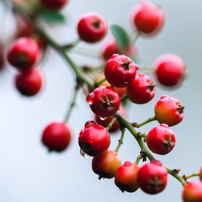 Red Berries with Dew on Branch
