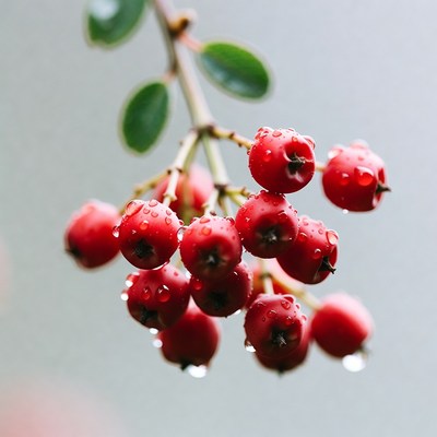 Red Berries with Dewdrops on Branch