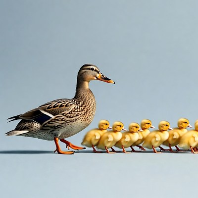 Mother Duck Leading Ducklings