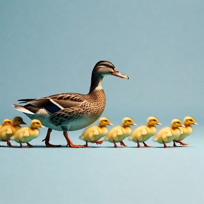 Mother duck leading ducklings