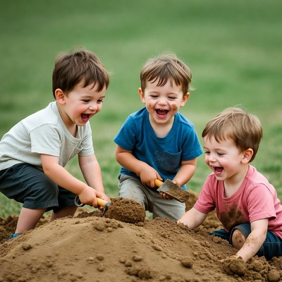 Three boys playing with shovels in dirt pile