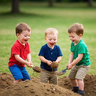 Three boys playing with shovels in dirt